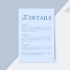 Blue Modern Wedding Details Template, Itinerary Cards, Customizable Blue Program, Printable Enclosure Card, Editable Blue Timeline, Download