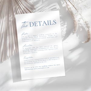 Blue Minimalist Wedding Details Template, Modern Itinerary Card, Dusty Blue Program, Printable Enclosure Card, Editable French Blue Timeline
