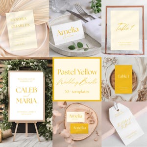 May include: A collection of pastel yellow wedding stationery templates. Includes invitation cards, place cards, table numbers, and a welcome sign. The text is in a gold color, with various fonts. The bundle is advertised as having 30 templates.