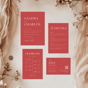 Red Minimalist Wedding Invitation Suite Template, Modern Invitations Set, Burgundy Invitation RSVP Set, Details QR Code, Burgundy DIY Bundle