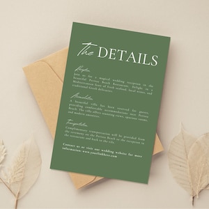 Sage Green Minimalist Wedding Details Template, Modern Itinerary, Dusty Green Program, Printable Enclosure Card, Custom Olive Green Timeline