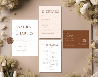 Brown Minimalist Wedding Invitation Suite Template, Modern Beige Invitation Set, Rustic Invitation RSVPs Set, Bohemian Invite QR Code Bundle