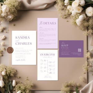 Purple Minimalist Wedding Invitation Suite Template, Modern Lilac Invitations Set, Lavender Invitation RSVP Set, Details QR Code DIY Bundles