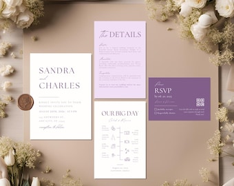 Purple Minimalist Wedding Invitation Suite Template, Modern Lilac Invitations Set, Lavender Invitation RSVP Set, Details QR Code DIY Bundles