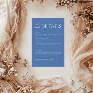 Blue Minimalist Wedding Details Template, Modern Itinerary Card, Dusty Blue Program, Printable Enclosure Card, Editable French Blue Timeline