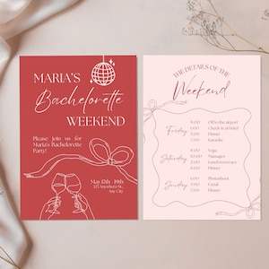 Op de afbeelding: Een rode en witte uitnodiging voor een vrijgezellenweekend. De uitnodiging bevat de naam Maria's Bachelorette Weekend, de datum 17-19 mei en het adres 123 Anywhere St., Any City. De uitnodiging bevat ook een schema van evenementen voor het weekend, waaronder yoga, massages, lunch, diner, karaoke en een fotoshoot.
