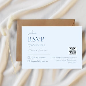 Blue Minimalist Wedding RSVP Qr Code Card, Light Blue RSVP Card, Wedding Response Website Card, Printable Online Rsvps, Editable Reply Cards