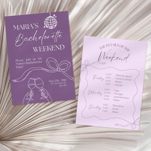 May include: Purple and white invitation for a bachelorette weekend with a disco ball graphic and a line drawing of two glasses of wine. The invitation includes the date, location, and a schedule of events for the weekend.
