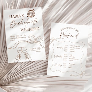 May include: A white invitation with brown text for a hen weekend. The invitation includes the name Maria, the date May 17th-19th, and the address 123 Anywhere St., Any City. The invitation also includes a list of activities for the weekend, including yoga, massages, dinner, and karaoke.