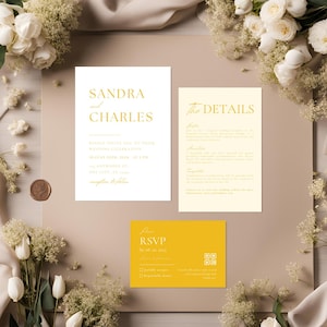 Yellow Minimalist Wedding Invitation Set Template, Modern Invite Suite, Editable Yellow Invite Bundle, Printable QR Code Rsvps Lemon Invites