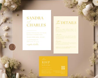 Yellow Minimalist Wedding Invitation Set Template, Modern Invite Suite, Editable Yellow Invite Bundle, Printable QR Code Rsvps Lemon Invites