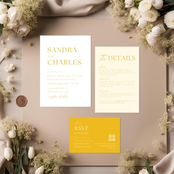 Yellow Minimalist Wedding Invitation Set Template, Modern Invite Suite, Editable Yellow Invite Bundle, Printable QR Code Rsvps Lemon Invites