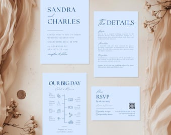 Light Blue Modern Wedding Invitation Suite Template, Blue All In One Invitation Set, Blue Invitation RSVP Set, Details QR, DIY Invite Bundle