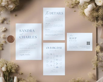 Blue Minimalist Wedding Invitation Suite Template, Pastel Blue Modern Invitations Set, Dusty Blue Invite RSVPs, Custom Details QR DIY Bundle