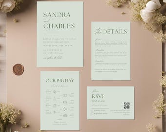 Light Green Minimalist Wedding Invitation Set Template, Minimalist Invitations Suite, Editable Dusty Green Bundle, Printable Online QR Rsvps