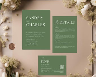 Sage Green Minimalist Wedding Invitation Set Template, Modern Invitation Suite, Editable Dusty Green Invite Bundle, Printable Online QR Rsvp