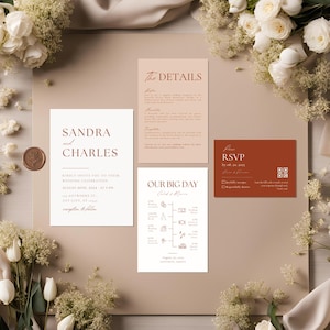 May include: Wedding invitation suite with a modern design. The invitation features a minimalist design with the names Sandra and Charles in a bold, sans-serif font. The details card includes information about the wedding ceremony and reception. The RSVP card features a QR code for guests to respond online.