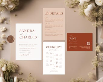 Terracotta Minimalist Wedding Invitation Suite Template, Minimalist Boho Invitation Set, Rust Invitation RSVP Set, Invitation QR Code Bundle