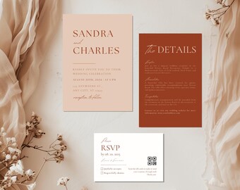 Terracotta Wedding Invitation Set Template, Minimalist Invitation QR Suite, Rust Invite Bundle, Burnt Orange Invite, Editable Boho Templates