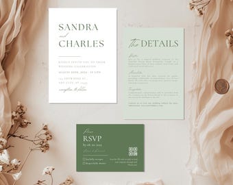 Sage Green Minimalist Wedding Invitation Set Template, Modern Invitation Suite, Editable Dusty Green Invite Bundle, Printable Online QR Rsvp