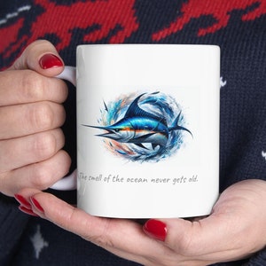 Blue Marlin Mug, Angler Lover Gift, Sea Lover, Ocean Theme, Fish Art, Fish Illustrated, Gift for Sea Lover, Outdoor Action