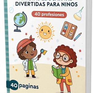 Peut inclure: Un livre éducatif pour enfants avec le titre "TARJETAS EDUCATIVAS DIVERTIDAS PARA NINOS" et le texte "40 profesiones" et "40 paginas". La couverture présente des illustrations d'enfants, un globe, un soleil et d'autres éléments éducatifs.