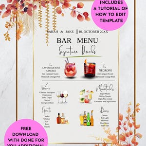 Wedding Bar Menu Template | Signature Cocktail Sign | Editable Bar Menu Wedding Sign | Drink Menu Template | Wedding Reception Decor