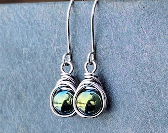 Green Hematite Earrings Fine Silver Wire Wrapped Earrings Irridescent Blue-Green