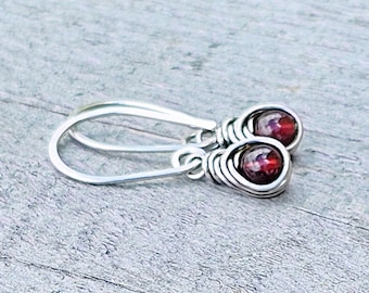 Dainty Garnet Earrings: Fine Silver Wire Wrap, Sterling Silver Hooks