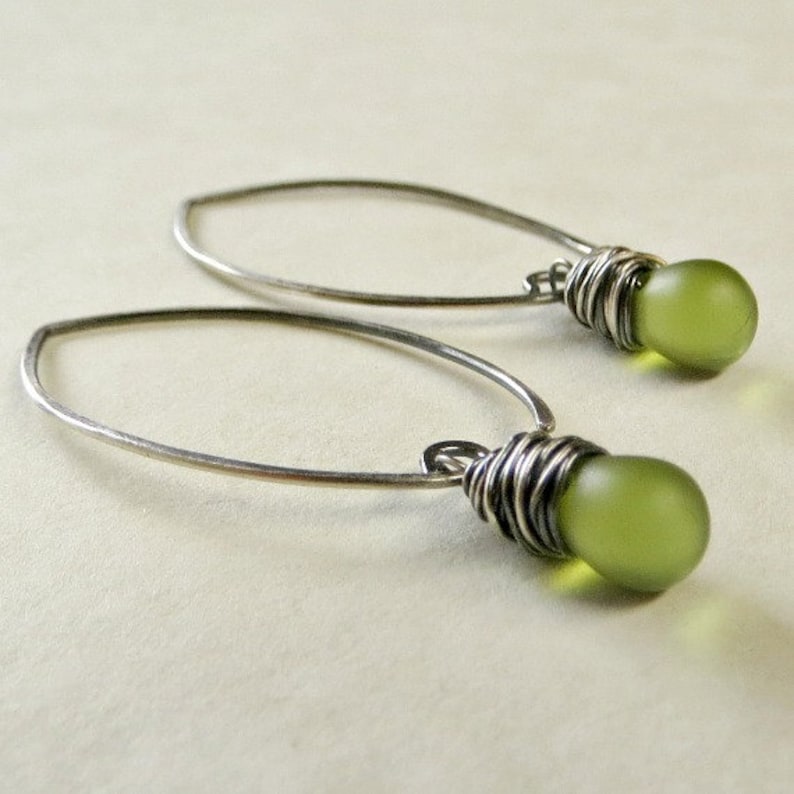 Green Drop Earrings Wire Wrapped Earrings Glass Teardrop Earrings Eco Friendly Jewelry Almond Ear Wires Gifts For Her image 1