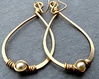 Pearl Teardrop Earrings, 14K Gold Fill Earrings, Wire Wrapped Jewelry, Eco Friendly Jewelry Gold Teardrops Gifts for Her Gift