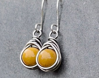 Yellow Mookaite Earrings: Fine Silver Wire Wrapped, Eco Friendly