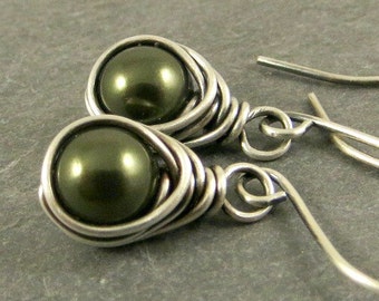 Pearl Earrings, Green Pearl Earrings,  Wire Wrapped Jewelry, Gifts for Her Gift Stocking Stuffer