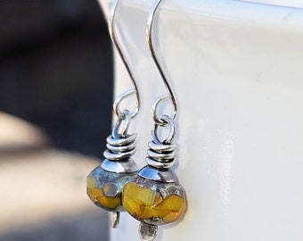Wire Wrapped Sterling Silver Earrings: Yellow Picasso Glass Rondels