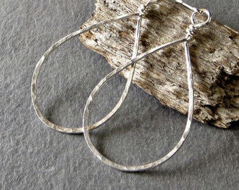 Teardrop Hoop Earrings, Silver Earrings, Textured Dangle Earrings - Medium, Eco Friendly Jewelry Gift