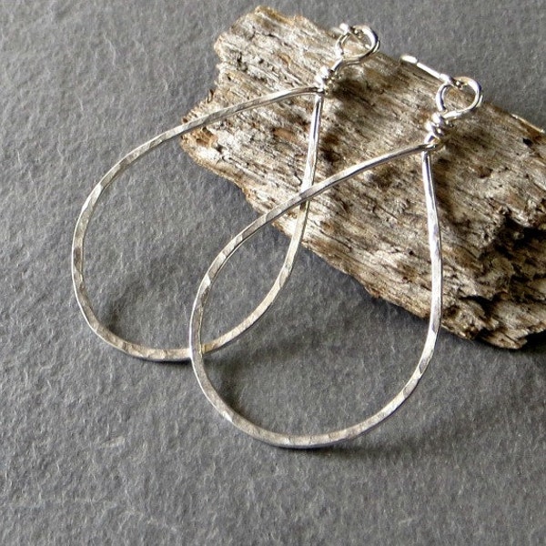 Teardrop Hoop Earrings, Silver Earrings, Textured Dangle Earrings - Medium, Eco Friendly Jewelry Gift