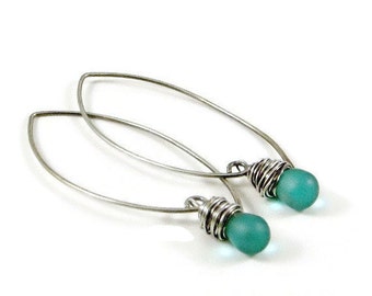 Earrings Teal Blue Sterling Silver Gifts for Her Wire Wrapped Jewelry Gift