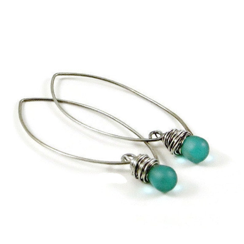 Earrings Teal Blue Sterling Silver Gifts for Her Wire Wrapped Jewelry Gift image 1