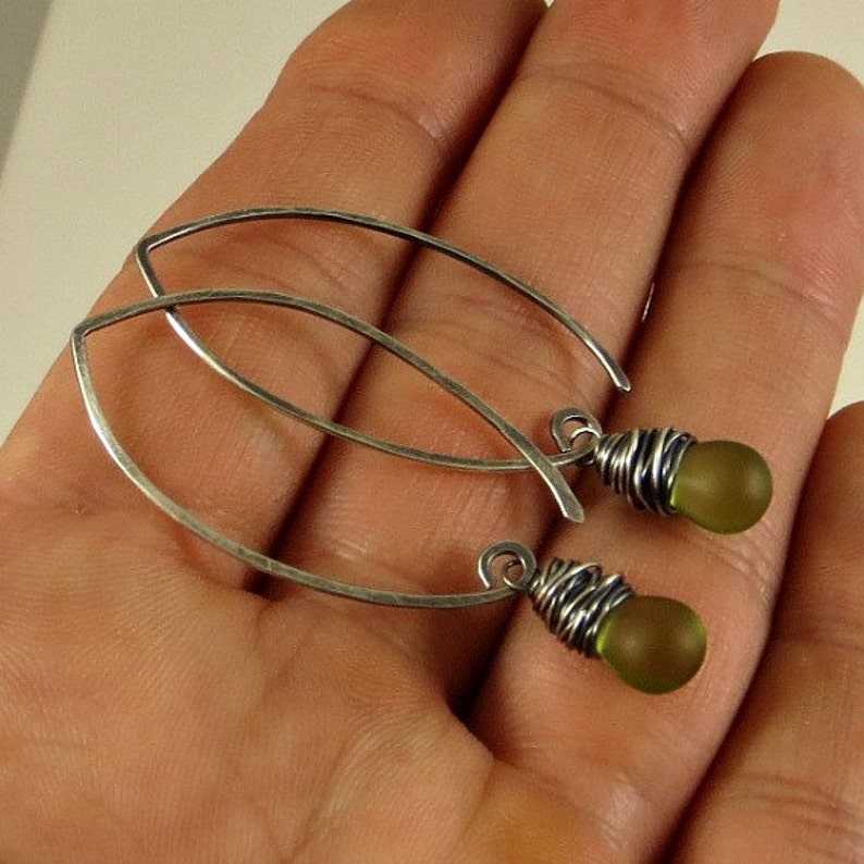 Green Drop Earrings Wire Wrapped Earrings Glass Teardrop Earrings Eco Friendly Jewelry Almond Ear Wires Gifts For Her 画像 5