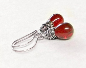 Red Glass Earrings, Wire Wrapped Earrings, Holiday Jewelry Gifts for Her
