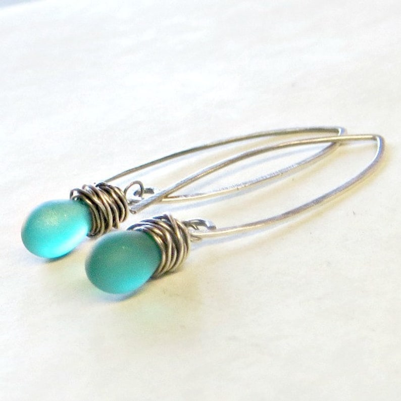 Earrings Teal Blue Sterling Silver Gifts for Her Wire Wrapped Jewelry Gift image 3