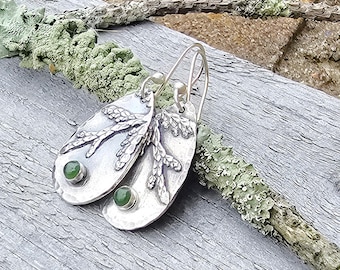 Handmade Cedar Branch Sterling Silver Earrings with Jade Cabochon