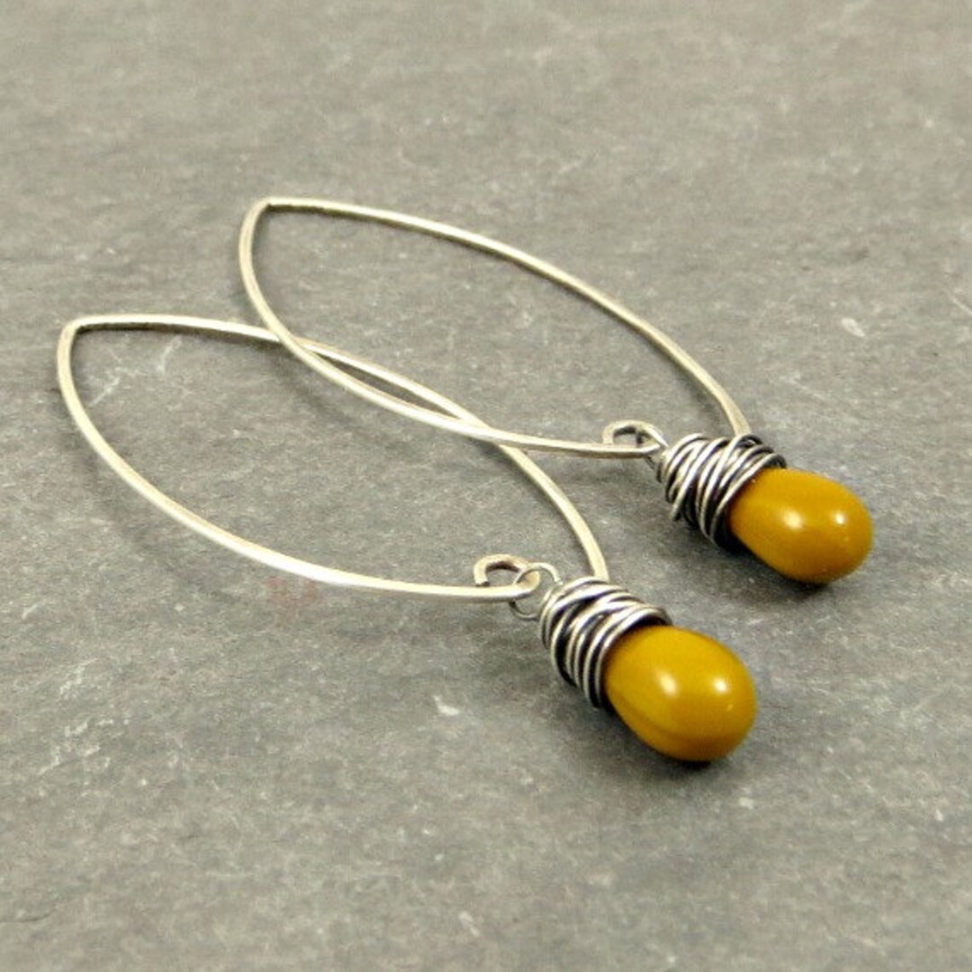 Mustard Yellow Earrings, Sterling Silver Glass Teardrops, Eco Friendly