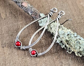 Oxidized Sterling Silver Teardrop Earrings: Red Stone, Wire Wrapped Holiday Earrings