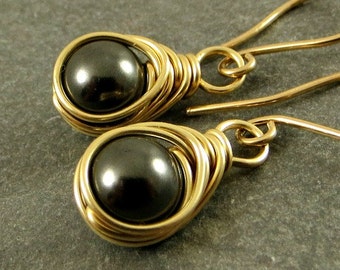 Black Pearl Earrings 14K Gold Fill Gifts for Her Eco Friendly Jewelry Wire Wrapped Earrings Gift