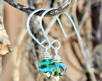 Dainty Picasso Glass Earrings: Sterling Silver Wire Wrapped Rondelles