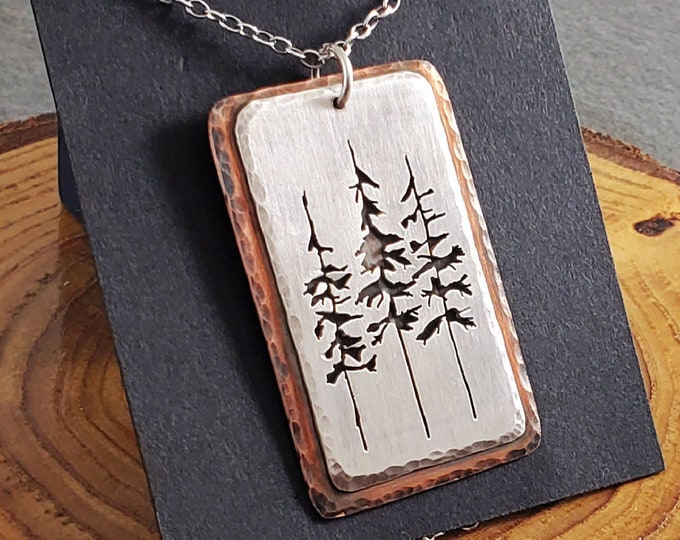 Pine Tree Pendant Mixed Metal Necklace Rustic Jewelry Nature Inspired Jewelry Eco Friendly Jewelry Unisex Necklace
