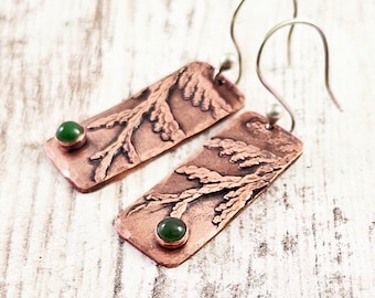 Copper Earrings Cedar Earrings Jade Stone Earrings Rustic Jewelry Nature Jewelry Unique Gifts for Her