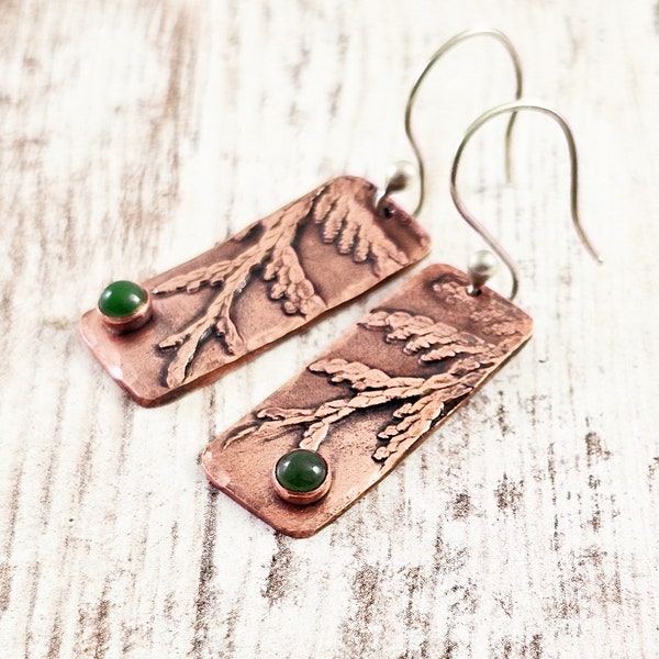 Copper Earrings Cedar Earrings Jade Stone Earrings Rustic Jewelry Nature Jewelry Unique Gifts for Her