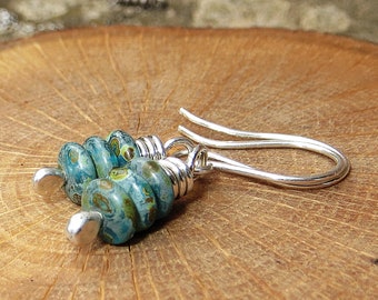 Wire Wrapped Earrings, Blue Green Earrings, Eco Friendly Jewelry, Beaded Earrings Gifts for Her Gift